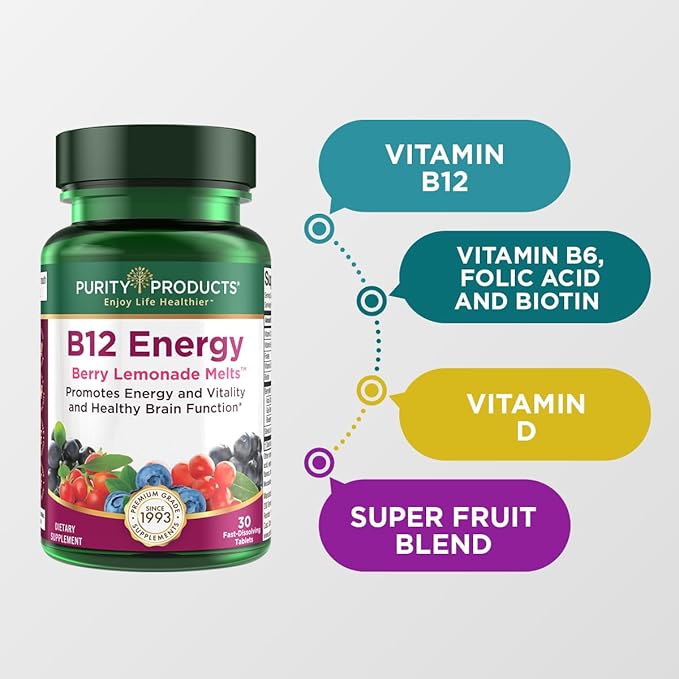 Purity Products Bundle - Vegan Omega 3-6-9 + B-12 Energy Melt Omega 3-6-9 (“5 in 1” Plant-Based Omega 3 6 9 Essential Fatty Acid Complex) - B12 Berry Melt (Methylcobalamin B12 + B6 + D3 + More)