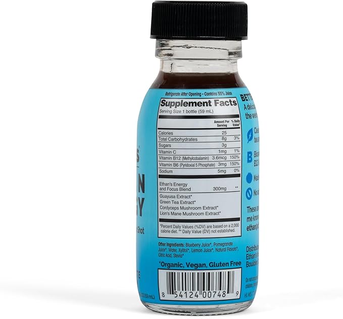 Ethan's Organic Clean Energy Shots 3 Flavors (Orange Mango, Pineapple & Pomegranite Blueberry), Sugar Free Natural Pre-Workout Focus Boost, Gluten Free, Vegan, B6 & B12 Vitamin C with Green Tea Extract and Guayusa (12 Pack of 2oz Shots)