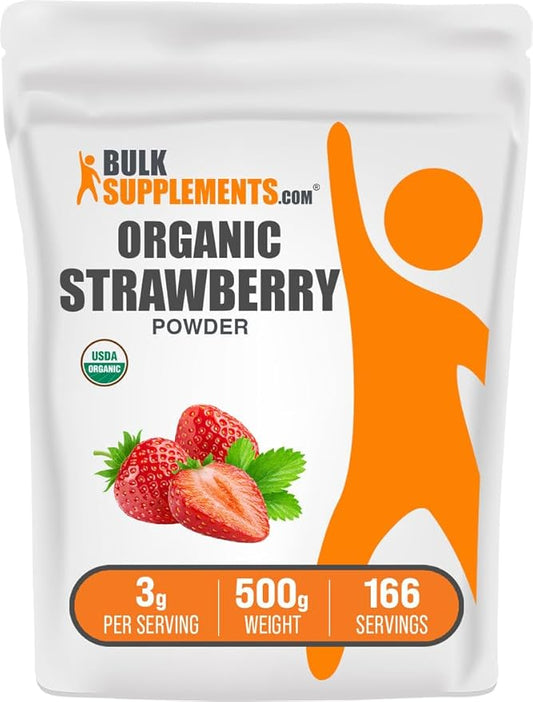 BulkSupplements.com Organic Strawberry Powder - Fruit Powder from Organic Strawberries - No Sugar Added & Gluten Free, 3g per Serving, 500g (1.1 lbs) (Pack of 1)