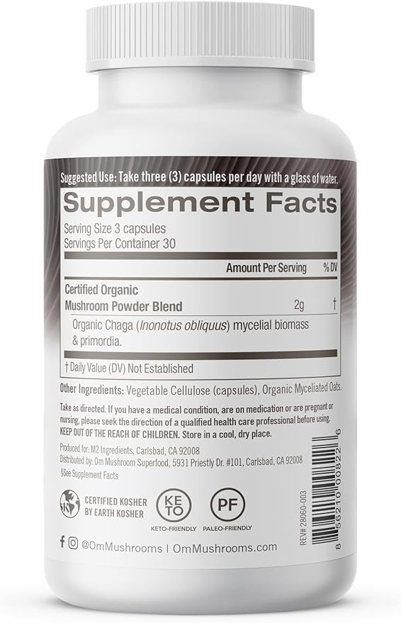 OM MUSHROOM SUPERFOOD Chaga Mushroom Capsules Supplement, Sacred Antioxidants & Immune Support, 90 Count, 30 Days