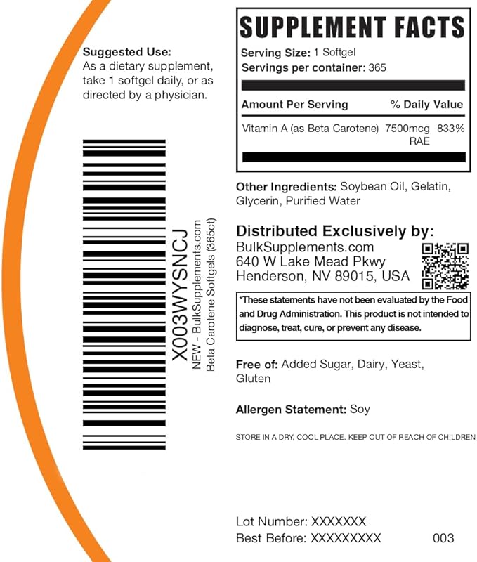 BulkSupplements.com Beta Carotene 25000 IU Softgels - Vitamin A Supplement, Beta Carotene Supplements - for Eye Support, Gluten Free, 1 Softgel per Serving, 365 Count (Pack of 1)