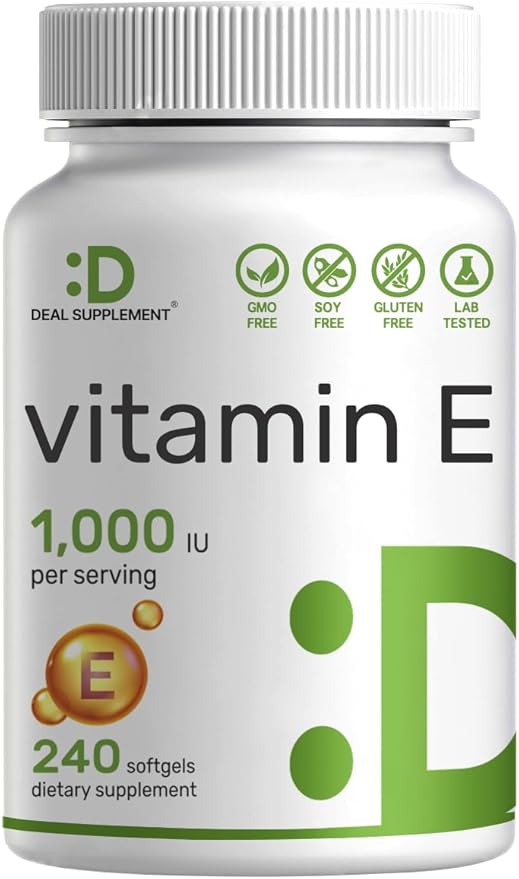 Vitamin E Supplements, 1,000 IU Per Serving, 240 Softgels – Extra Strength Antioxidant Protection – Bioavailable Stable Form – Skin, Heart, Brain, & Immune Support – Non-GMO