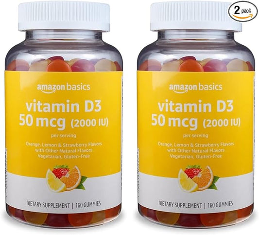 Amazon Basics Vitamin D3 2000 IU Gummies, Orange, Lemon & Strawberry, 160 Count (2 per Serving) (Previously Solimo) (Pack of 2)