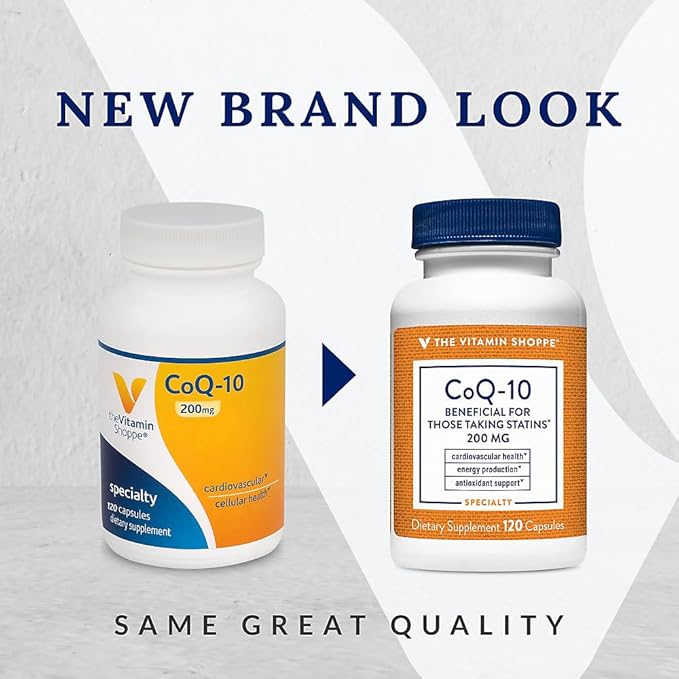 The Vitamin Shoppe CoQ-10 200mg - Beneficial for Those Taking Statins – Supports Heart & Cellular Health and Healthy Energy Production, Essential Antioxidant – Once Daily (120 Capsules)