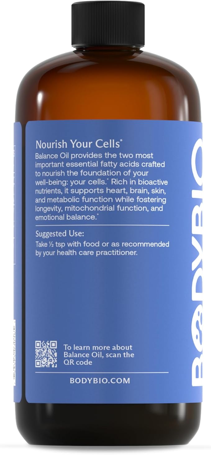 BodyBio Balance Oil - Vegan Omega 3 6 Supplement – Cold-Pressed Safflower & Flaxseed Oil – Supports Brain Function, Healthy Skin, and Mood