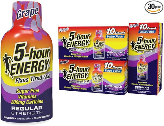 5-hour ENERGY Shots Regular Strength, Grape Flavor, 1.93 oz. 30 Count, Sugar Free, Zero Calories, Amino Acids and Essential B Vitamins, Dietary Supplement, Feel Alert and Energized, 200mg Caffeine