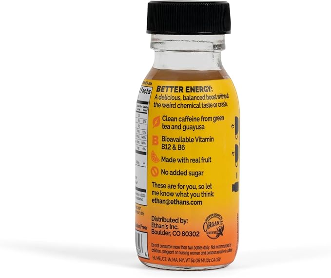 Ethan's Organic Clean Energy Shots Orange Mango, Sugar Free Natural Pre-Workout Focus Boost, Gluten Free, Vegan, B6 & B12 Vitamin C with Green Tea Extract and Guayusa (12 Pack of 2oz Shots)