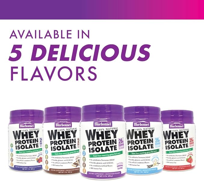 Bluebonnet Grass Fed Whey Protein Isolate 26 g Energy & Workout Recovery BCAA Amino Acids - Gluten-Free, Non-GMO, Soy-Free Vanilla Protein Powder for Women & Men - 14 Servings