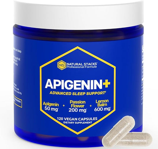 NATURAL STACKS Apigenin Supplement for Sleep - 50mg Apigenin & 600mg Lemon Balm - Melatonin Free Sleep Aid - with Passion Flower Extract for Stress Relief - 120 Lemon Balm Capsules