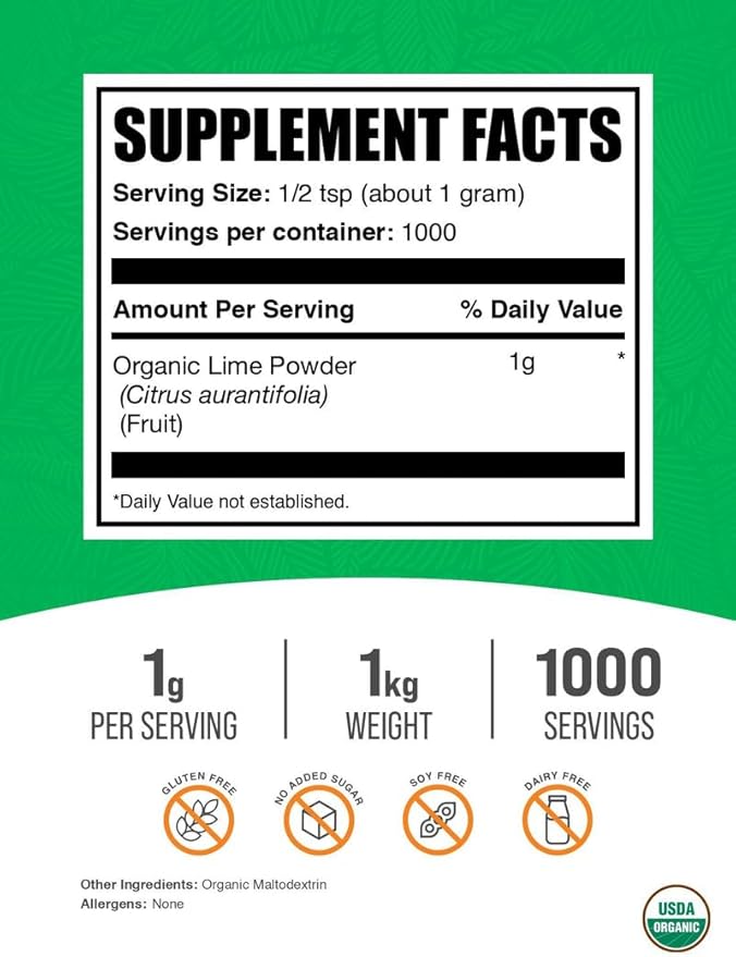 BulkSupplements.com Organic Lime Powder - Organic Lime Flavoring Powder, Sourced from Citrus Aurantifolia Fruit - Air Dried & Gluten Free, 1g per Serving, 1kg (2.2 lbs) (Pack of 1)