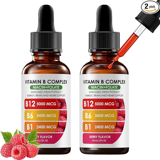 Vitamin B Complex | B12 B6 B1 B3 B9, Essential Vitamin Liquid Drops for Immune & Energy Metabolism, Brain & Heart Support, Raspberry Flavor 2fl oz