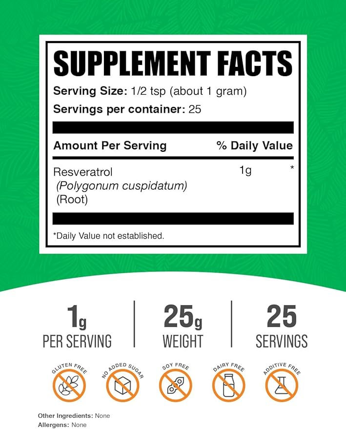 BulkSupplements.com Resveratrol Powder - Resveratrol Supplement, from Polygonum Cuspidatum - Antioxidant, Gluten Free, 1g per Serving, 25g (0.88 oz) (Pack of 1)