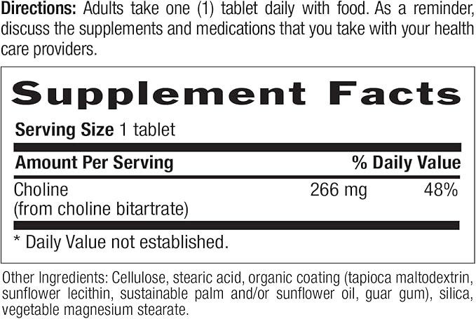 Country Life Choline 266mg, Certified Gluten Free, Certified Vegan, Certified Halal - 100 Tablets