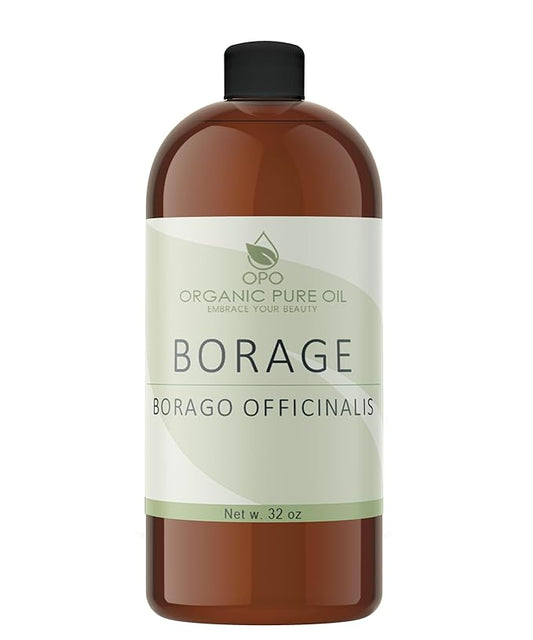OPO Borage Seed Oil - 32 oz - Pure Unrefined Non GMO, High GLA, Bulk Natural Carrier Oil Moisturizer for Skin Hair Nails Body Soaps DIY & More - Liquid Borago Virgin Vegan