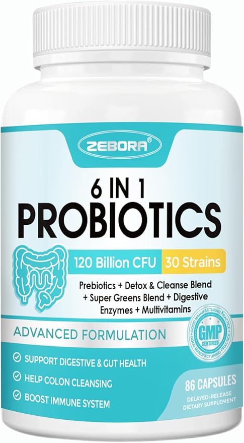 ZEBORA Probiotics for Women-Men Digestive Health with 120 Billion CFUs, Mens-Womens Probiotic for Gut Health, Immune Support, and Gut Detox with 43-Day Supply, 86 Veggie Capsules