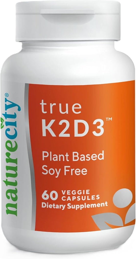 NatureCity TrueK2D3 Plant Based Vitamin K2 MK7 (90 mcg) & D3 from Algae(2,500 IU) 2 in 1 Vitamin D3 K2 Supplement for Bone, Heart and Immune Health – 60 Veggie Capsules