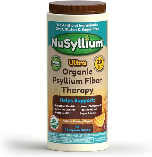 NuSyllium Ultra Psyllium Husk Powder, USDA Organic, 10.7 Oz, Sugar Free Keto-Friendly Fiber Supplement, Promotes Digestive Health* Orange, 42 Servings