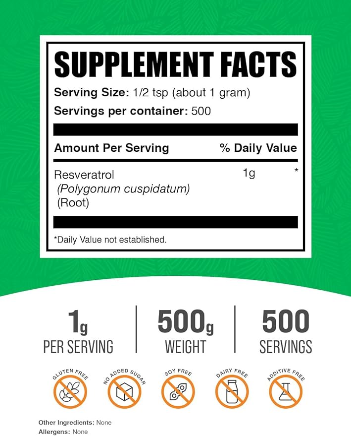 BulkSupplements.com Resveratrol Powder - Resveratrol Supplement, from Polygonum Cuspidatum - Antioxidant, Gluten Free, 1g per Serving, 500g (1.1 lbs) (Pack of 1)