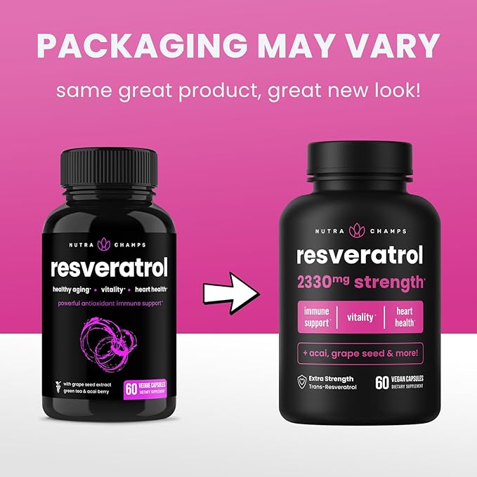 NutraChamps Resveratrol Supplement, Extra Strength Formula for Healthy Aging, Immune Support, 60 Vegan Capsules with Trans-Resveratrol, Green Tea Leaf, Acai Berry & Grape Seed Extract