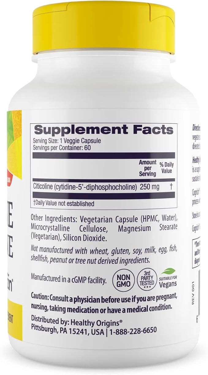 Healthy Origins Cognizin (Citicoline), 250 mg - Brain Supplement for Memory with Citicoline CDP Choline - Non-GMO, Vegan & Gluten-Free Supplement - 60 Veggie Capsules