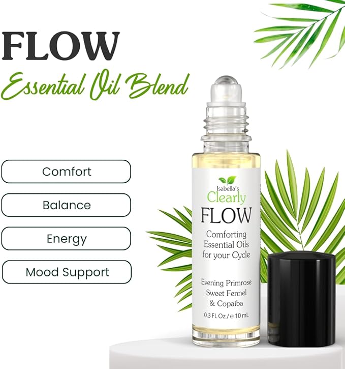 Flow Essential Oil Roll On for Women | Natural Aromatherapy Blend for PMS Support, Balance, Mood, and Comfort with Evening Primrose, Clary Sage, Copaiba, Fennel