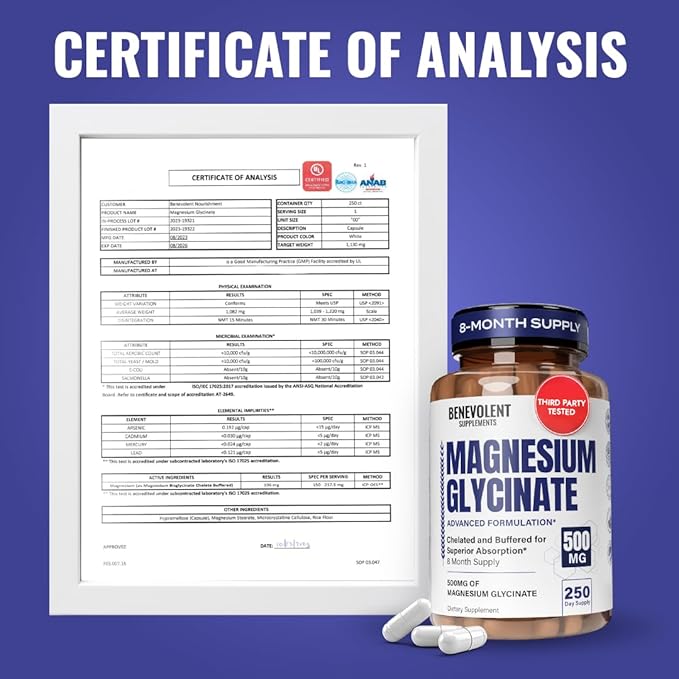 Magnesium Glycinate 500mg - Chelated & Buffered High Absorption Magnesium Supplement to Support Stress Relief, Digestion, Bone, Sleep, Nerves & Muscle Health - Made in USA - 250 Vegan Capsules