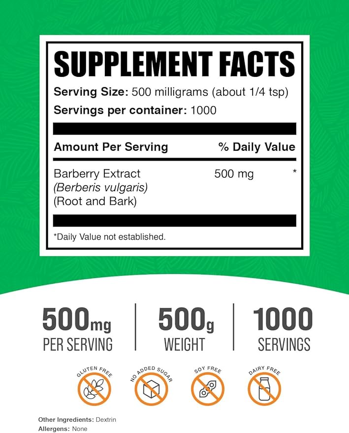 BulkSupplements.com Barberry Extract Powder - Barberry Sypplement, Herbal Supplement - Vegan & Gluten Free, 500mg per Serving, 500g (1.1 lbs) (Pack of 1)