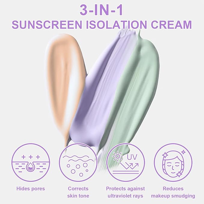 3 in 1 Color Correcting Serum, SPF Primer for Face Before Makeup, Sunscreen One Step Color Corector Primer,SPF 50 PA+++ Isolation Cream,Color Correcting Facial Serum Oil Control & Moisturizing
