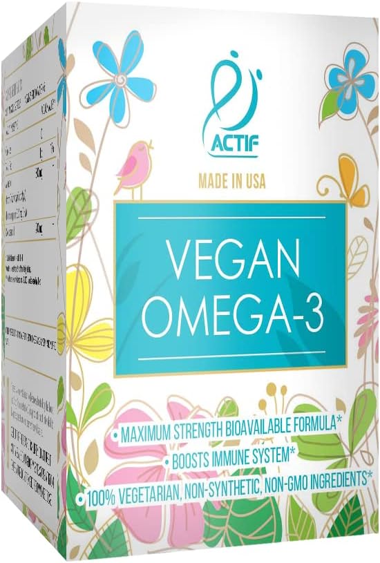 Actif Vegan Omega-3, High Strength Algae Oil Formula, 100% Natural, Organic DHA, EPA, Omega-3 - Non-GMO, 90 count