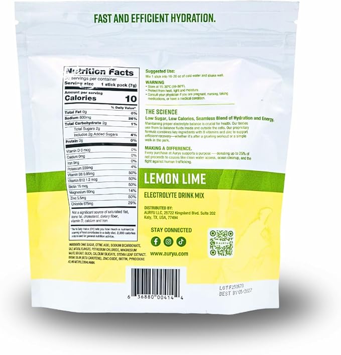 Electrolyte Drink Mix, 30 Sticks, 3 Flavors Pack - Lemon Lime with 600mg Sodium, B Vitamins & Minerals (30, Lemon Lime)