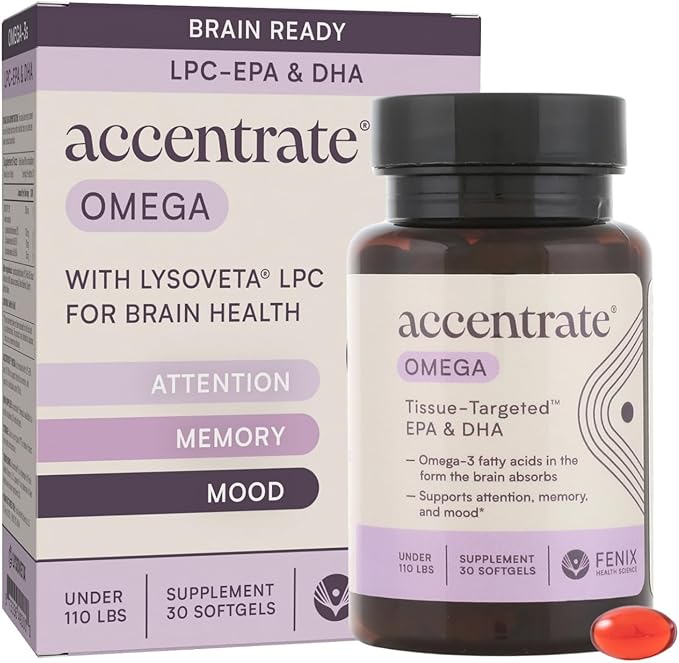 Omega w/LYSOVETA LPC | EPA & DHA Supplements for Brain Health | Focus, Attention, Memory, & Mood | 6X Higher Absorption Than Fish Oil | Omega-3 Fatty Acid Supplements | Highest Potency LPC-DHA