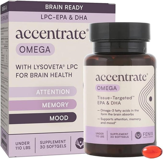 Omega w/LYSOVETA LPC | EPA & DHA Supplements for Brain Health | Focus, Attention, Memory, & Mood | 6X Higher Absorption Than Fish Oil | Omega-3 Fatty Acid Supplements | Highest Potency LPC-DHA