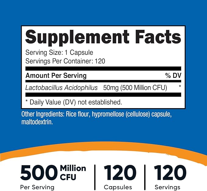 Nutricost Lactobacillus Acidophilus 500 Million CFU Per Serving (120 Capsules)
