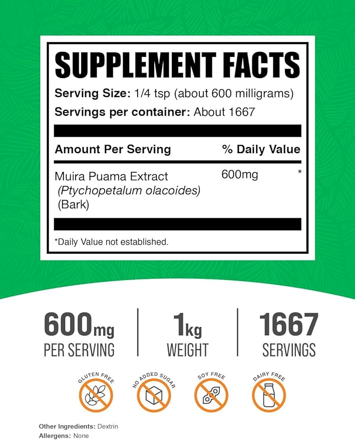 BulkSupplements.com Muira Puama Extract Powder - Muira Puama Supplement, from Muira Puama Bark - Herbal Supplement, Gluten Free, 600mg per Serving, 1kg (2.2 lbs) (Pack of 1)