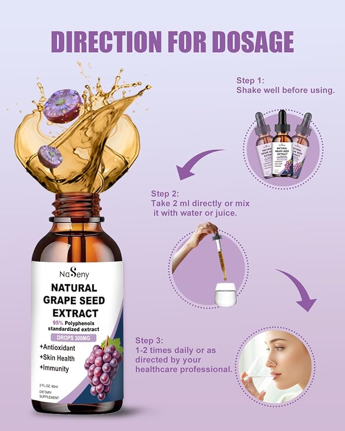 Grape Seed Extract Liquid Drops Standardized to 95% Polyphenols-300 mg Grape Seed Maximum Strength Standardized Tincture, High Absorption Liquid Vitis Vinifera Extract Drops -Non-GMO (2 Bottles)