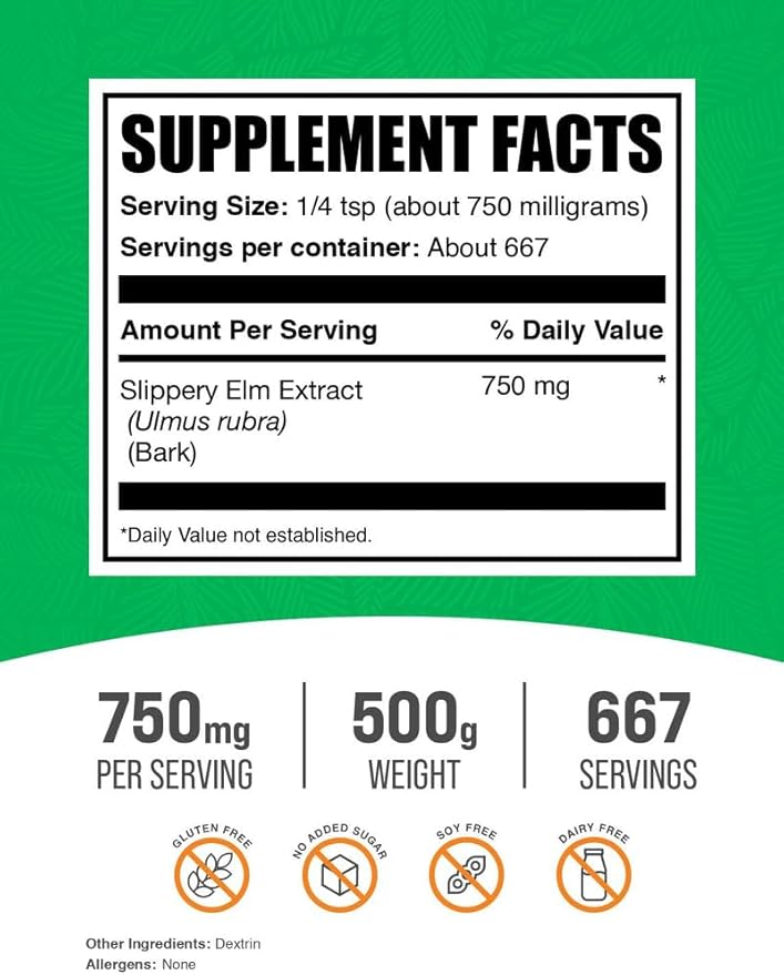 BulkSupplements.com Slippery Elm Bark Extract Powder - Slippery Elm Powder, Sourced from Ulmus Rubra Bark - Gluten Free, 750mg per Serving, 500g (1.1 lbs) (Pack of 1)