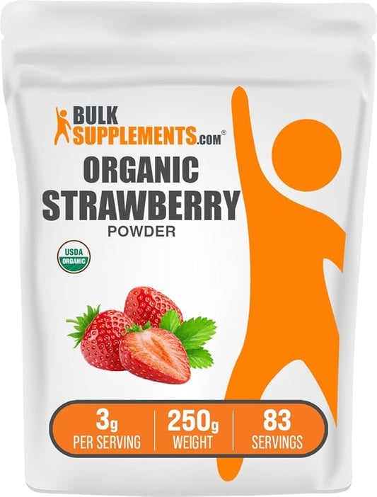 BulkSupplements.com Organic Strawberry Powder - Fruit Powder from Organic Strawberries - No Sugar Added & Gluten Free, 3g per Serving, 250g (8.8 oz) (Pack of 1)