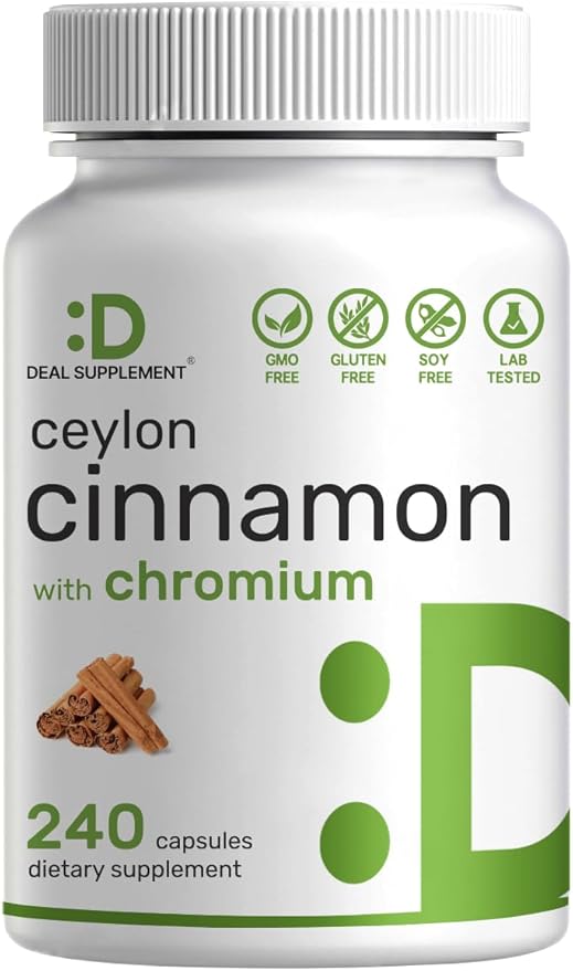 Ceylon Cinnamon 6,000mg with Chromium 1,000mcg Per Serving, 240 Capsules –Active Inner Bark Extract – True Sri Lanka Source – Natural Cinnamon Supplements– Non-GMO