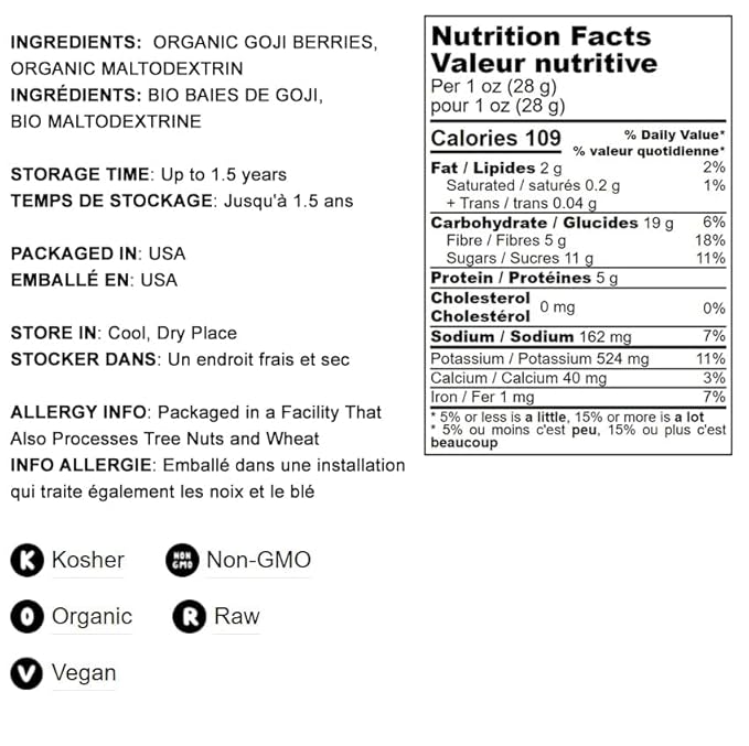 Food to Live Organic Goji Berry Powder, 1 Pound Non-GMO, Kosher, Vegan, Bulk, Contains Maltodextrin