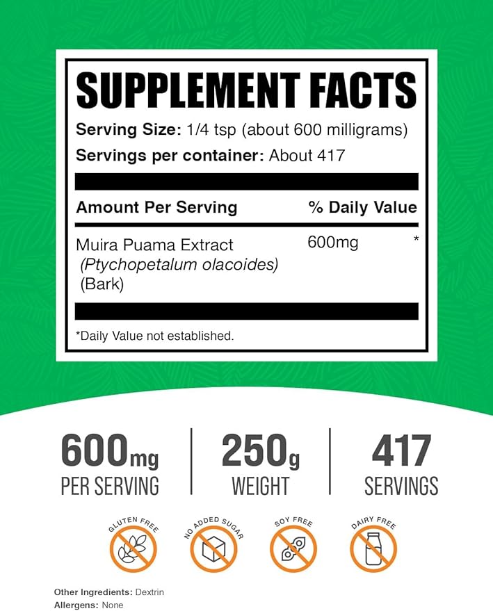 BulkSupplements.com Muira Puama Extract Powder - Muira Puama Supplement, from Muira Puama Bark - Herbal Supplement, Gluten Free, 600mg per Serving, 250g (8.8 oz) (Pack of 1)