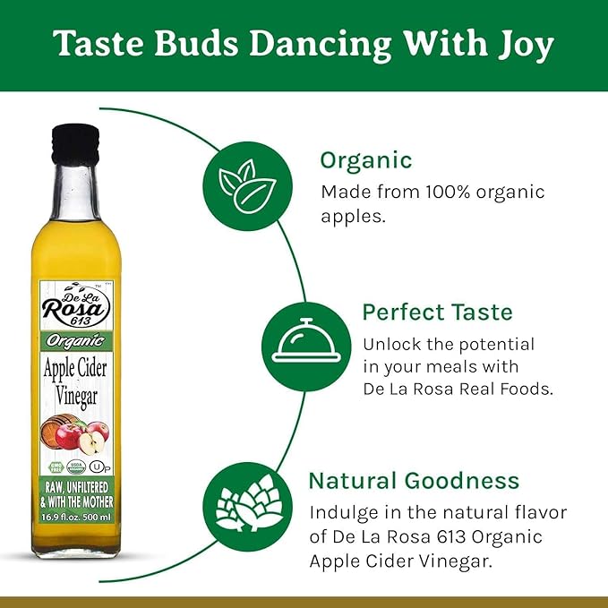 De La Rosa Organic Apple Cider Vinegar, Raw & Unfiltered with The Mother, Kosher for Passover, Vegan & Gluten-Free, Perfect for Salad Dressings & Marinades, 16.9 oz (Single Bottle)