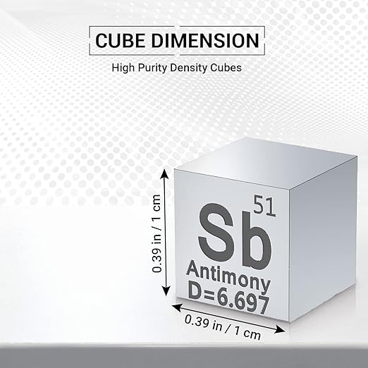 Antimony Cube - Metal Element Cubes - Laser Engraved Density Cube Set for a Periodic Table of Elements Collection - (Antimony, 10mm)