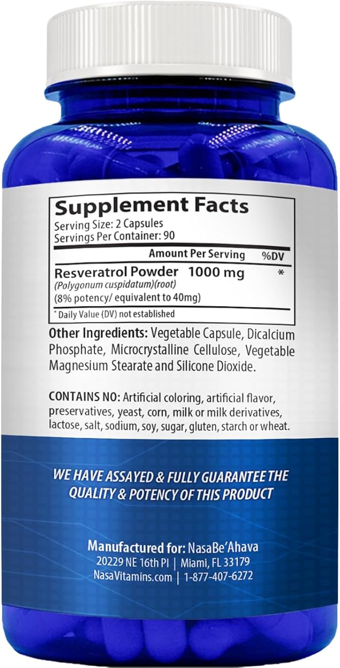 Resveratrol 1000mg Capsules | Vegan Friendly Resveratrol Supplement from Easy Absorption Antioxidant Japanese Knotweed for Skin Heart and Brain Support | Made in US cGMP Facilities (90 Day Supply)
