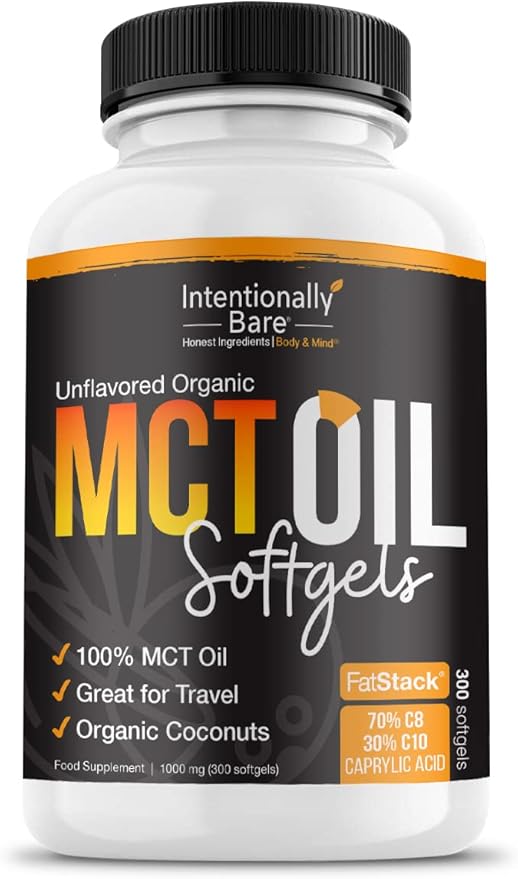 Intentionally Bare Organic MCT Oil Capsules - 70% C8 MCT Oil & 30% C10 MCT Capsules Unflavored for Keto Low Carb and Paleo Diet - Coconut C8 & C10 for Energy Mood & Focus - Non-GMO 300 Soft Gels