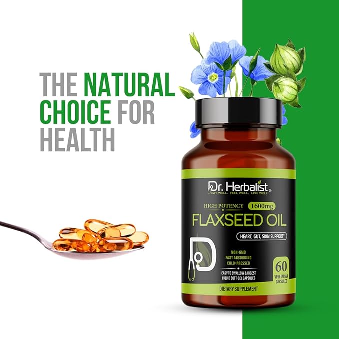 Dr. HERBALIST Flaxseed Oil 1600mg - 60 Capsules - Vegan, Gluten-Free, Source of Omega-3, 6 & 9 for Daily Nutrition