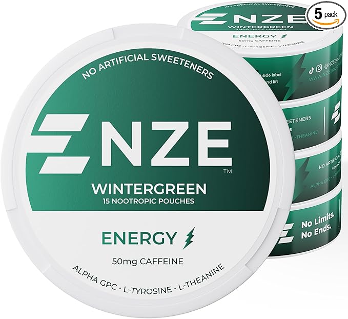 NZE Caffeine Nootropic Pouches (Wintergreen) - Energy Pouches with 50mg Caffeine, Alpha GPC, L-Tyrosine & L-Theanine with No Sugar or Artificial Sweeteners - 15 Nicotine Free Pouches Per Can - 5 Pack