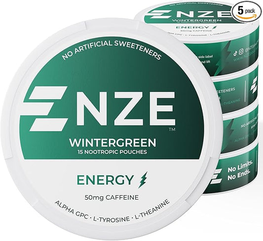 NZE Caffeine Nootropic Pouches (Wintergreen) - Energy Pouches with 50mg Caffeine, Alpha GPC, L-Tyrosine & L-Theanine with No Sugar or Artificial Sweeteners - 15 Nicotine Free Pouches Per Can - 5 Pack