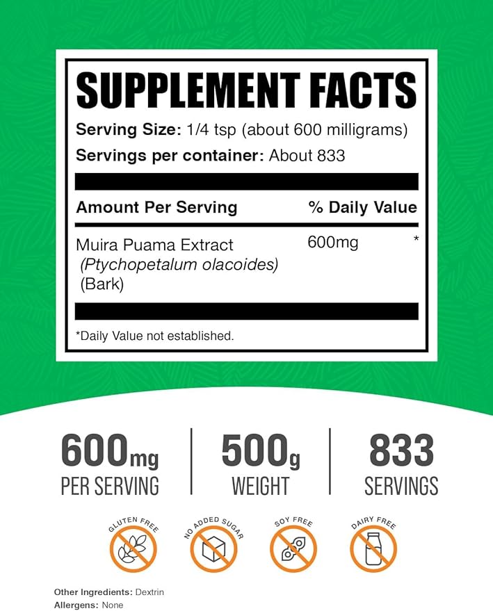 BulkSupplements.com Muira Puama Extract Powder - Muira Puama Supplement, from Muira Puama Bark - Herbal Supplement, Gluten Free, 600mg per Serving, 500g (1.1 lbs) (Pack of 1)