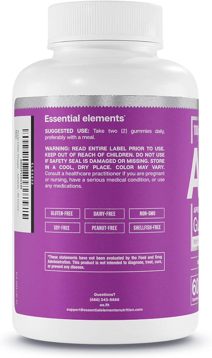 Essential Elements Apple Cider Vinegar Gummies from The Mother - Naturally-Sourced, Vegan ACV with Folic Acid and Vitamin B6 & B12 60 Count