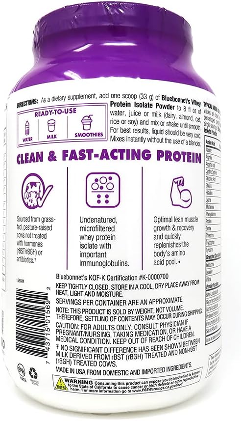 Bluebonnet Grass Fed Whey Protein Isolate 26 g Energy & Workout Recovery BCAA Amino Acids - Gluten-Free, Non-GMO, Soy-Free Chocolate Protein Powder for Women & Men - 28 Servings